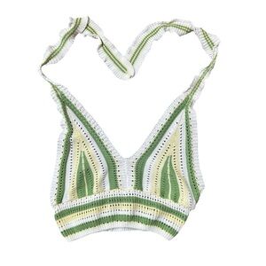 Shein Crochet Striped Green and White Knit Halter Crop Top Size Small US 4